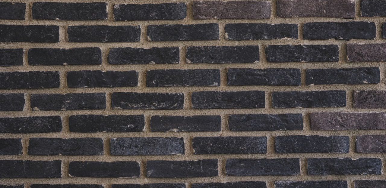 Textured black brick wall with distinct mortar lines, offering a classic backdrop.